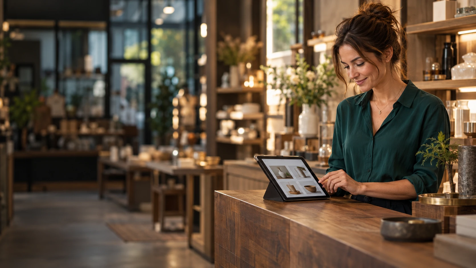 Une entrepreneuse présente son catalogue en ligne depuis sa boutique.